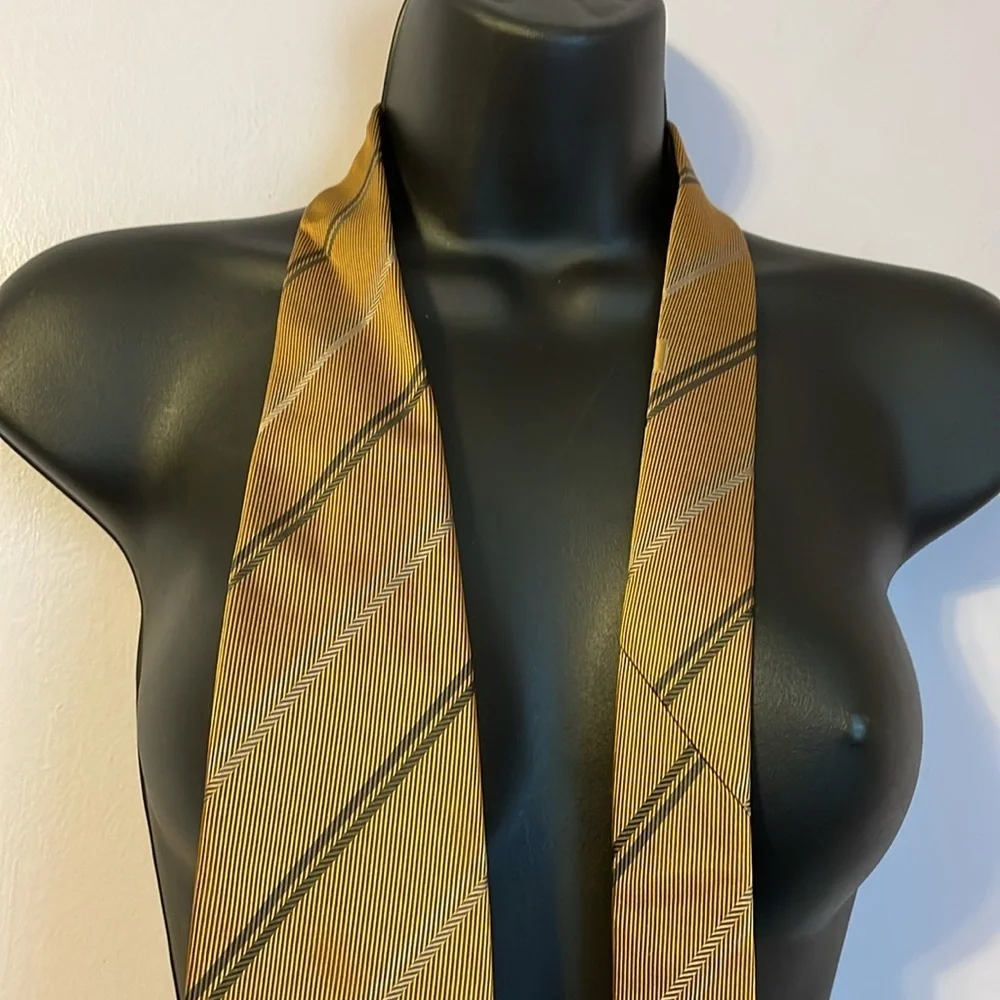 Burberry London Gold Yellow Striped and Logo Silk Necktie Tie
